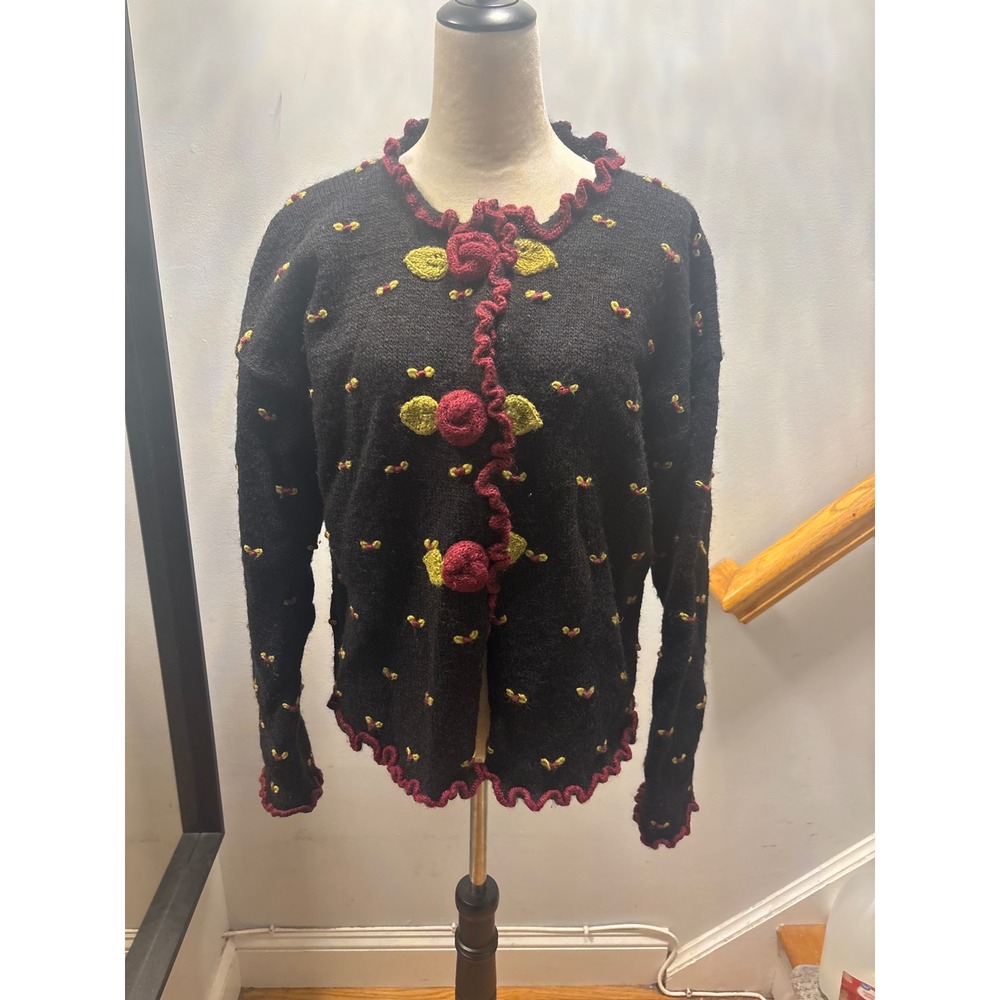 Tara Handknits Floral Cardigan Womens Black Rose Button Ruffle Trim‎ Sweater